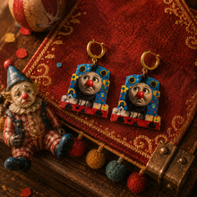 Load image into Gallery viewer, Silly Sidetracks handmade cartoon train earrings.
