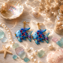 Load image into Gallery viewer, Shimmering Scales colorful fish handmade dangle earrings.
